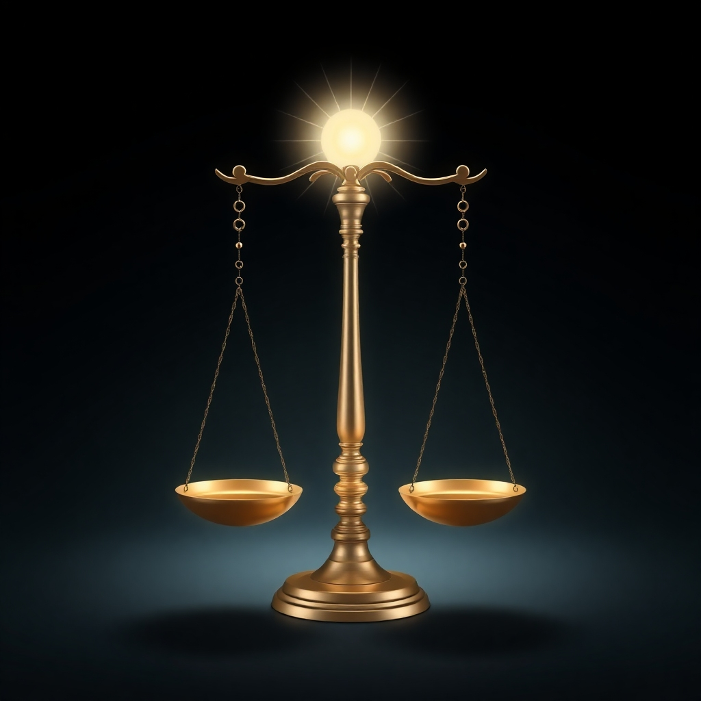 A balanced scale, with one side representing negative emotions (e.g., sadness, anger) and the other representing positive emotions (e.g., joy, peace). Solfeggio frequencies are visualized as a gentle force that brings the scale into equilibrium. Style: Symbolic, stylized, 4K resolution.