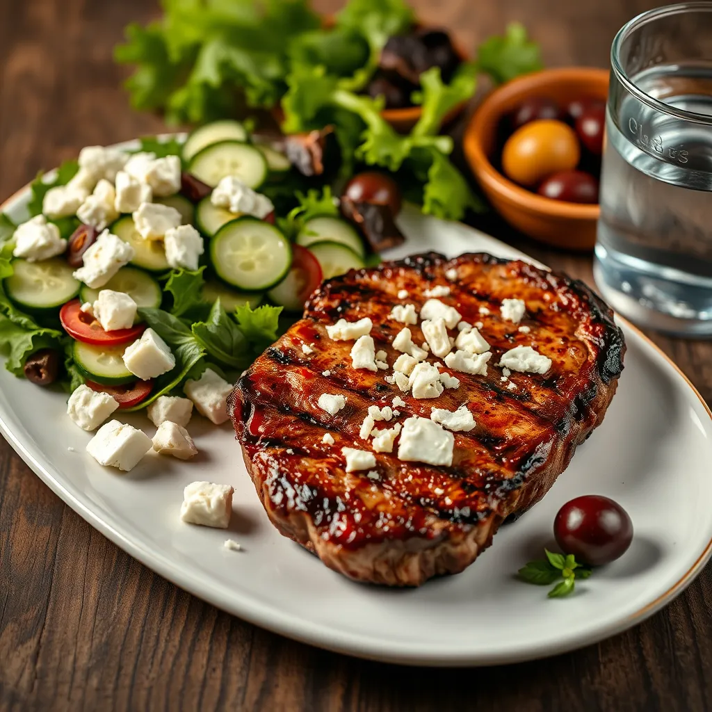 A beautifully arranged plate with a variety of carnivore diet-friendly dishes featuring goat cheese, such as a juicy steak topped with crumbled goat cheese, a salad with sliced cucumbers, olives, and goat cheese crumbles, and a glass of water.