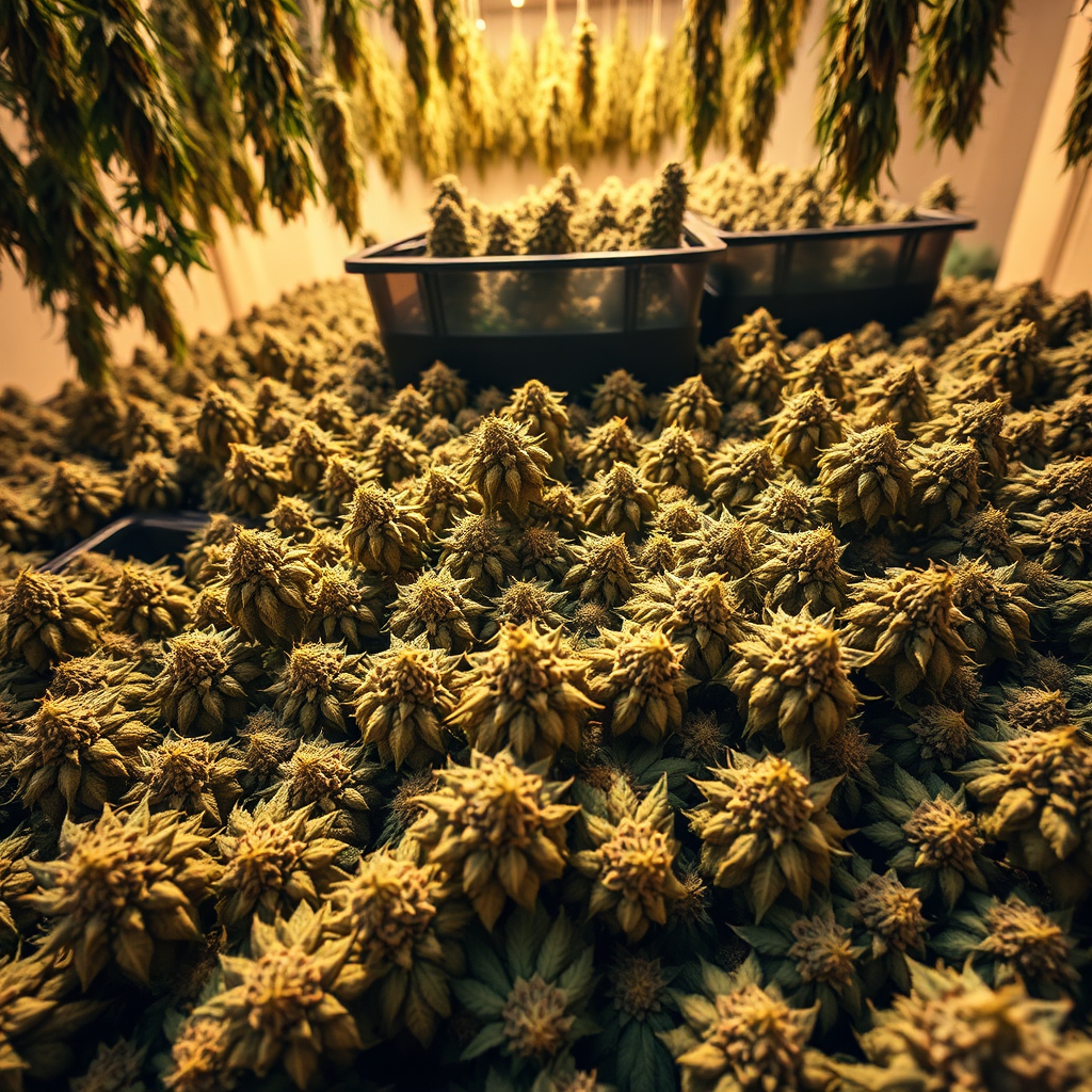 A bountiful harvest scene, showcasing overflowing containers filled with large, resinous cannabis buds. The buds should be glistening with trichomes, indicating high potency. The background could be a drying room, with harvested plants hanging from the ceiling. The lighting should be warm and inviting, creating a sense of abundance and satisfaction. The camera angle should be a wide shot, capturing the overall scale of the harvest. The overall style should be celebratory and rewarding.