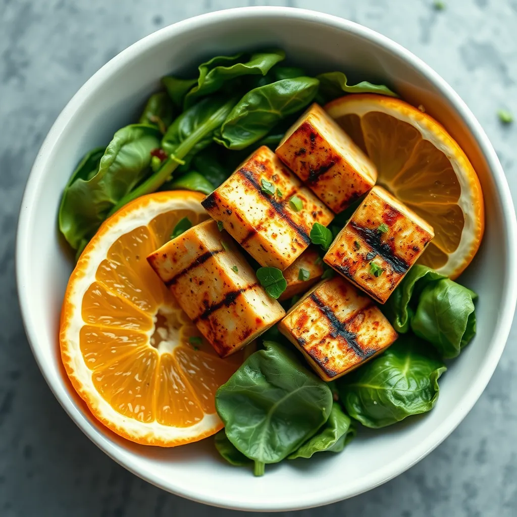 A bowl of spinach salad with grilled tofu and a slice of orange on the side. The salad is drizzled with a light vinaigrette. The image should focus on the interaction between the iron-rich spinach and tofu and the vitamin C rich orange, showcasing the importance of combining these foods.