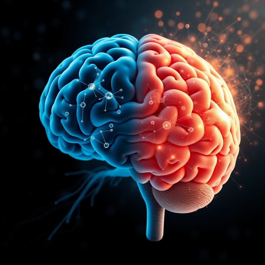A brain transforming from a state of confusion to clarity as it absorbs new information. Visualize synapses firing and new connections forming. Style: Scientific, detailed, and informative.