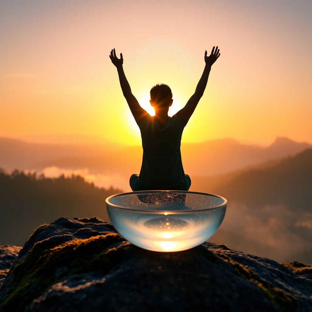 A breathtaking 8K photorealistic image depicting a serene sunrise over a misty mountain landscape. A person is silhouetted in a yoga pose, arms raised towards the sun, bathed in golden light. Subtle sound waves emanate from them, visualized as shimmering energy patterns. In the foreground, a crystal bowl rests on a moss-covered rock, reflecting the sunrise colors. The color palette consists of warm oranges, yellows, and soft blues. The camera angle is a low-angle shot, emphasizing the person's connection to nature and the divine. Texture details should include the smoothness of the crystal bowl, the rough texture of the rocks, and the ethereal quality of the mist. Style reference: Hyperrealistic landscape photography with spiritual undertones.