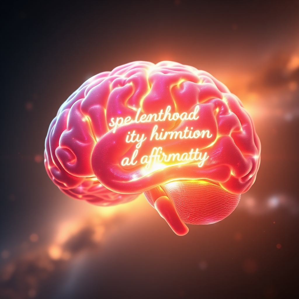 A breathtaking 8K resolution hyperrealistic image depicting a human brain glowing with vibrant, colorful energy. The brain is subtly overlaid with flowing, ethereal text representing positive affirmations. The background features a serene and luminous galaxy, symbolizing the vast potential of the subconscious mind. Soft, warm lighting emanates from within the brain, casting a gentle glow on the surrounding space. The camera angle is a slightly low angle, emphasizing the power and majesty of the scene. Textures are highly detailed, showcasing the intricate structure of the brain and the flowing nature of the affirmations. Relevant props include subtle, sparkling particles floating around the brain, representing the positive energy being released. Style reference: a blend of scientific visualization and spiritual art. The overall feeling should be uplifting, empowering, and awe-inspiring, perfectly capturing the essence of positive affirmations reprogramming the mind. Photorealistic.
