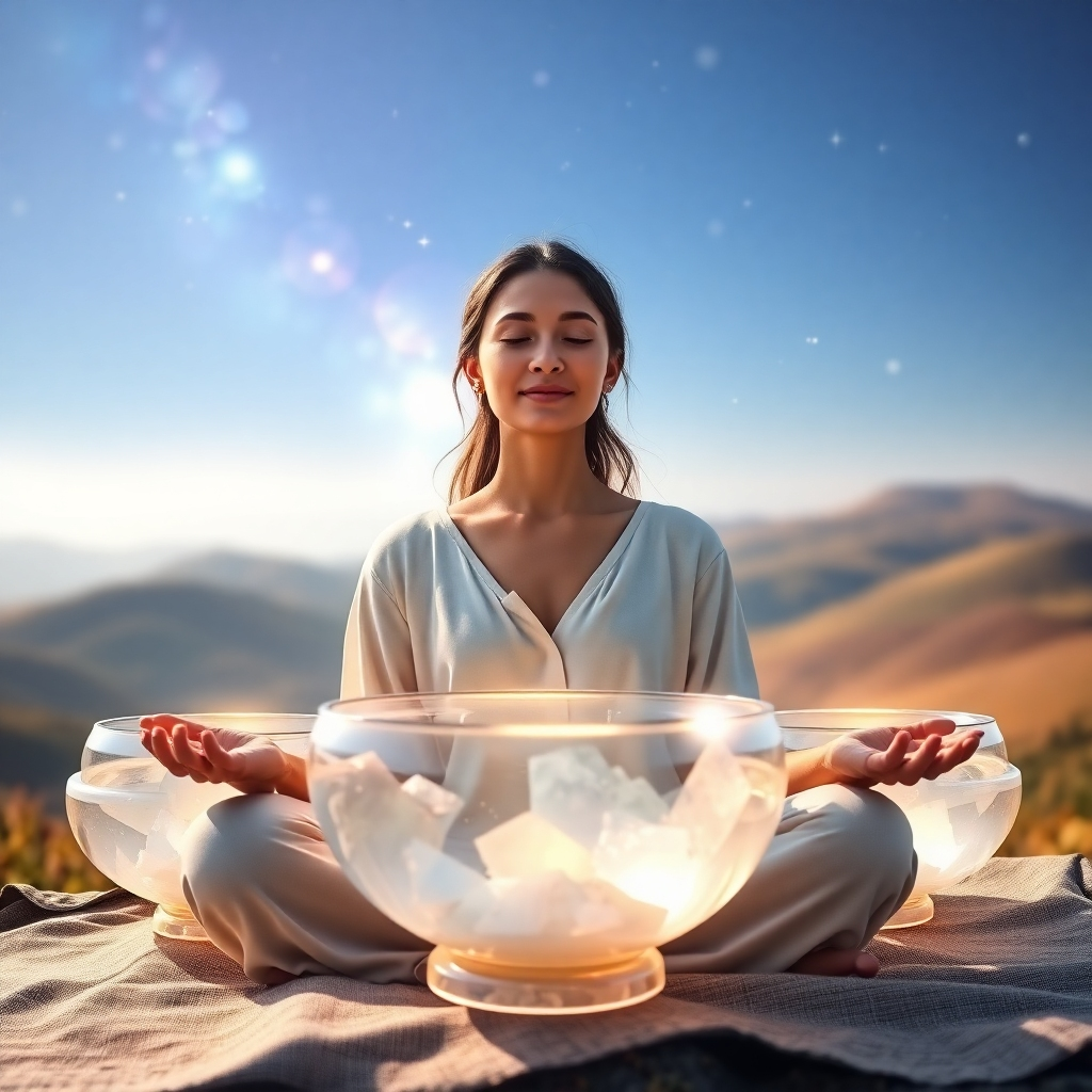 A breathtaking, photorealistic 8K image showcasing the essence of sound healing. The composition centers on a serene individual in a meditative pose, bathed in soft, ethereal light emanating from crystal singing bowls arranged around them. The bowls are crafted from clear quartz, with subtle internal light refraction creating a rainbow effect. The background is a blurred, dreamy landscape of rolling hills and a starlit sky, enhancing the sense of peace and transcendence. Focus is sharpest on the individual's peaceful expression and the intricate details of the crystal bowls. The color palette is dominated by calming blues, purples, and gentle golds. The camera angle is a slightly low, wide shot to emphasize the subject's connection to the earth and cosmos. Textures should be hyperrealistic, from the smooth, polished crystal to the soft, flowing fabric of the individual's clothing. Style reference: a blend of spiritual art and photorealistic nature photography. This image should evoke a sense of profound relaxation and spiritual awakening.