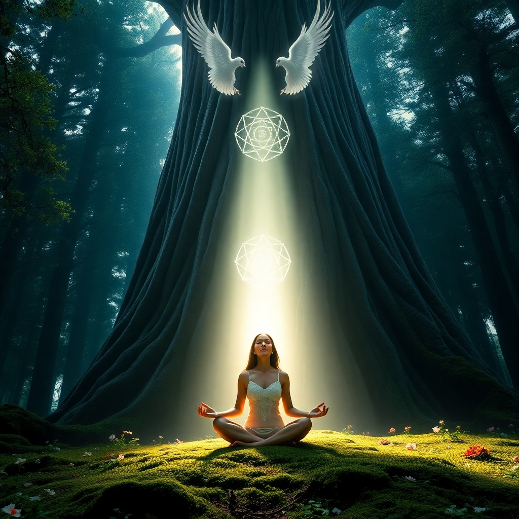 A breathtaking, photorealistic image of a celestial portal opening in a serene, ancient forest. Light streams down, illuminating a woman meditating peacefully at the base of an enormous, ancient tree. Her aura glows with soft, ethereal colors. Above, angelic figures are subtly visible through the portal, radiating benevolent energy. Symbols of ancient wisdom, such as sacred geometry patterns, are etched into the tree bark, faintly glowing with soft light. The forest floor is covered in lush moss and blooming flowers. Use a color palette of deep greens, blues, golds, and purples to evoke a sense of peace, spirituality, and connection to the divine. Camera angle: low, looking up towards the woman and the portal to emphasize the grandeur. Hyperrealistic details, 8K resolution.