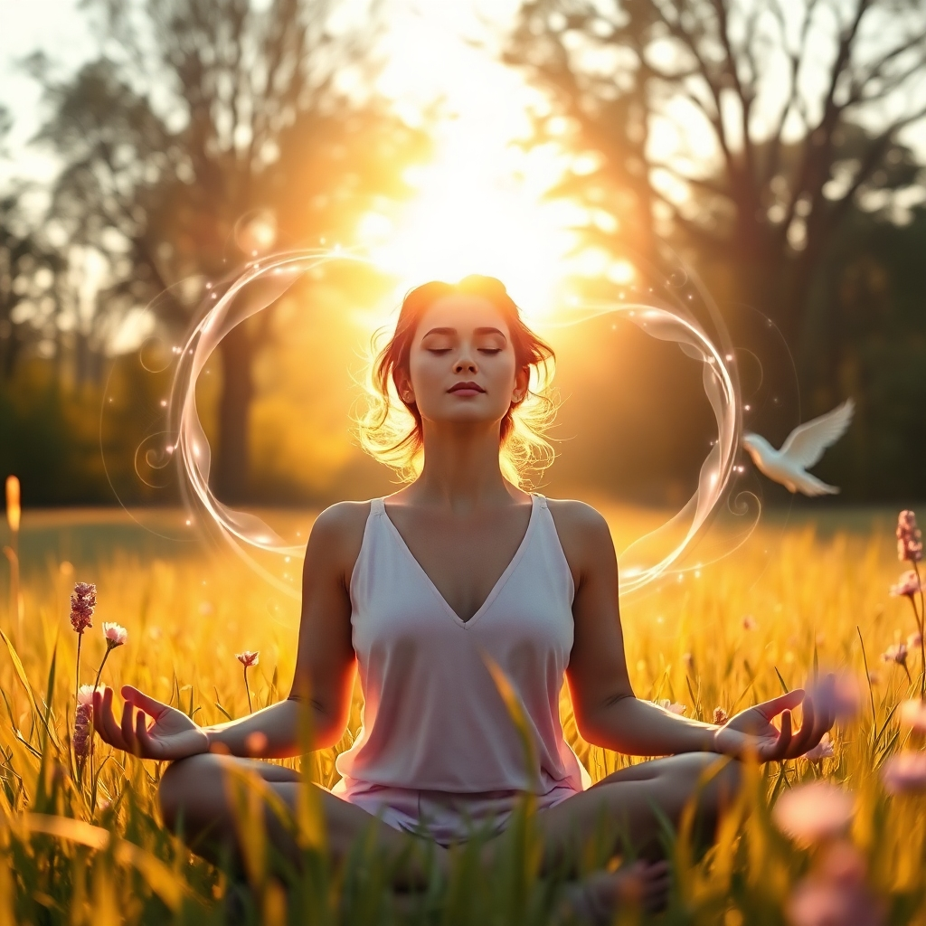 A breathtaking, photorealistic, 8K resolution image. The scene depicts a woman meditating in a serene, sun-drenched meadow. Soft, golden light filters through the trees, illuminating her face with a gentle glow. She is surrounded by swirling, iridescent energy patterns that represent positive affirmations and angelic frequencies. In the background, faint silhouettes of angels can be seen. The color palette is dominated by warm, inviting tones of gold, lavender, and soft pink. The composition is balanced and harmonious, creating a sense of peace and tranquility. Focus on hyperrealistic details such as the texture of the grass, the woman's skin, and the intricate patterns of the energy swirls. The camera angle is a slightly low angle, emphasizing the woman's connection to the earth and the sky. The overall style should evoke feelings of self-love, inner confidence, and spiritual connection.
