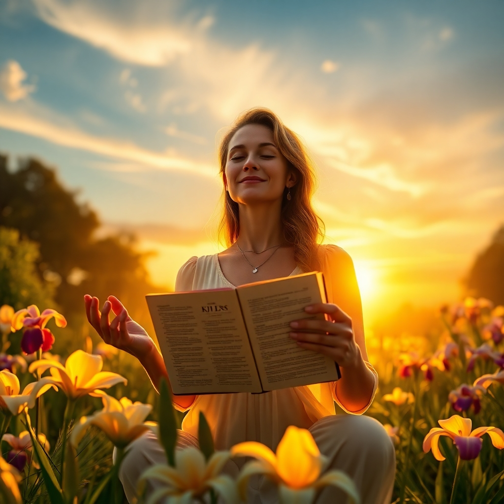 A breathtaking, photorealistic header image depicting a serene sunrise over a lush, ancient garden. In the foreground, a woman with a gentle, radiant expression is meditating, bathed in the golden light. She is holding an open KJV Bible, with subtle golden energy emanating from the pages and enveloping her. Surrounding her are blooming lilies and irises. The garden is imbued with a soft, ethereal glow, suggesting a sacred space. The sky transitions from deep blues to vibrant oranges and pinks. Subtle, almost imperceptible, visual representations of the 777Hz frequency should be incorporated, perhaps as gentle shimmering patterns in the light. The camera angle is a low angle, looking up at the woman and the sunrise, emphasizing her connection to the divine. Style should be reminiscent of classical paintings, with hyperrealistic details and rich textures. 8K resolution, hyperrealistic rendering.