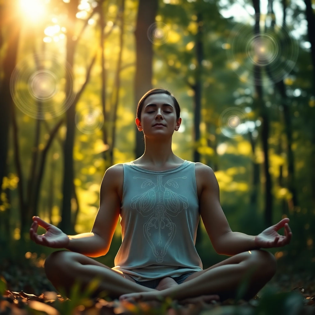 A breathtaking photorealistic 8K image showcasing a serene individual meditating in a lush, sunlit forest. The person is surrounded by swirling orbs of light representing positive energy and healing frequencies. Soft, golden light filters through the trees, illuminating the scene. Focus is on the peaceful expression of the meditator. The background features subtle, blurred representations of organs and the nervous system, symbolizing the body's realignment. Incorporate elements of sound waves visualized as gentle ripples in the air. Style reference: 'Spiritual Realism' with hyperrealistic details. Camera angle: Slightly low, looking up at the individual to emphasize their sense of empowerment. Add a touch of ethereal glow to enhance the feeling of tranquility and well-being.