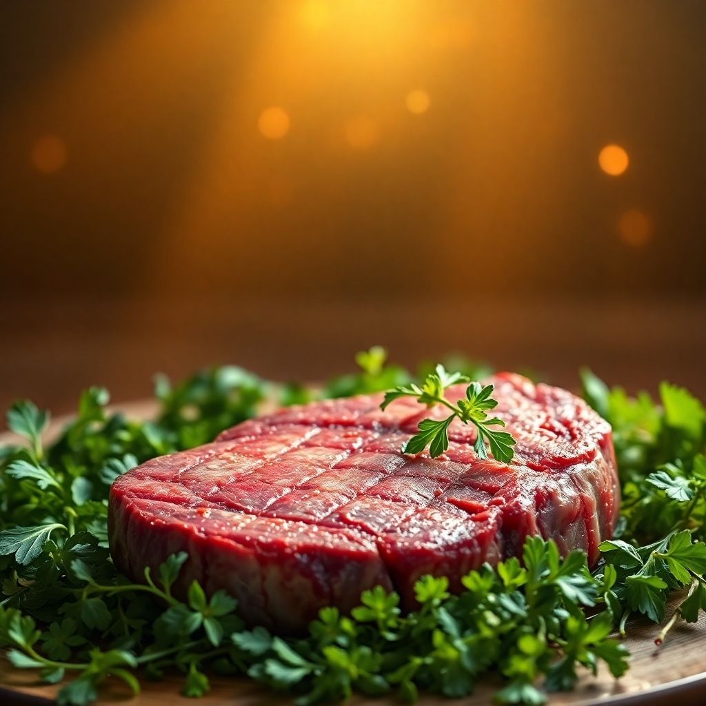 A breathtaking, photorealistic 8K image. At the center, a vibrant cut of steak, perfectly marbled, rests on a bed of lush green herbs symbolizing natural healing. Gentle, golden light bathes the scene, emanating from an unseen source above, creating a sense of peace and serenity. In the background, subtle, ethereal waves of light represent angelic sound healing. The overall composition should evoke feelings of nourishment, well-being, and spiritual connection. Consider a slightly high camera angle to showcase the steak and herbs. The textures should be hyperrealistic, highlighting the richness of the meat and the freshness of the herbs. Style inspired by Renaissance paintings with a modern, clean twist. Hyperrealistic details, shallow depth of field.