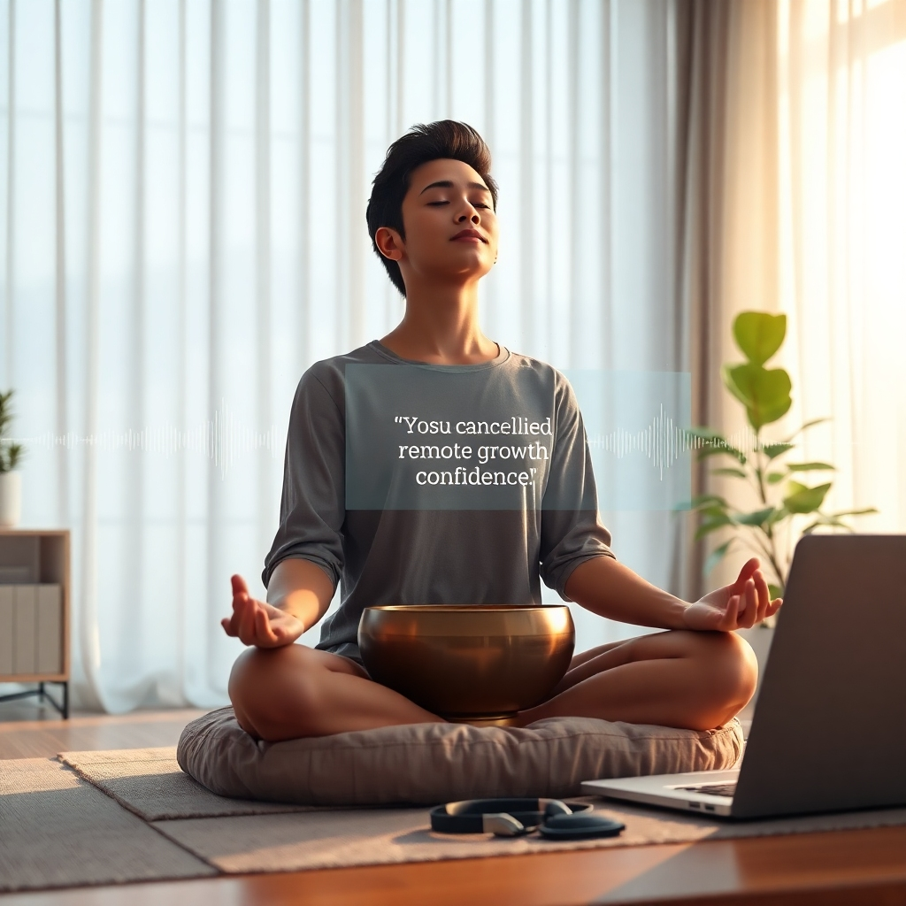 A breathtaking, photorealistic 8K image depicting a serene individual meditating in a modern, sunlit home office. Soft, diffused light streams through the window, illuminating dust particles dancing in the air. The individual is surrounded by subtle sound wave visualizations emanating from a nearby sound bowl. In the background, a holographic display showcases a positive affirmation related to career growth and confidence. The color palette is calming and inviting, dominated by warm earth tones and pastel blues. The camera angle is slightly low, emphasizing the subject's groundedness and upward gaze. Textures are incredibly detailed, from the soft fabric of the meditation cushion to the polished surface of the desk. Style is hyperrealistic with a touch of ethereal quality to represent the mindflow. Props include noise-canceling headphones, a sleek laptop, and a plant symbolizing growth. This image embodies the healing and transformative journey of embracing a remote career path through mindset reprogramming.