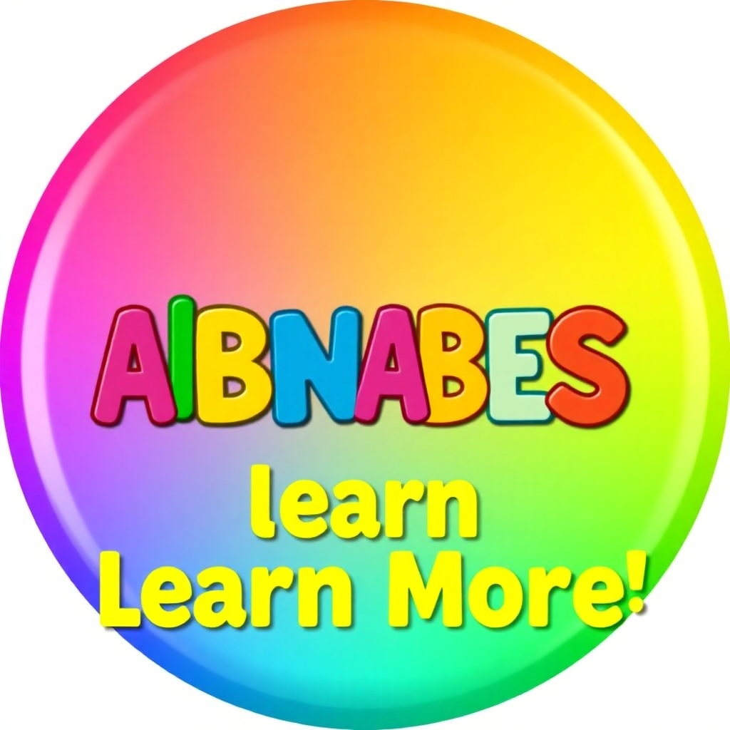 A brightly colored button with the text "Learn More" and a playful illustration of the alphabet. The style is eye-catching and designed to encourage clicks.