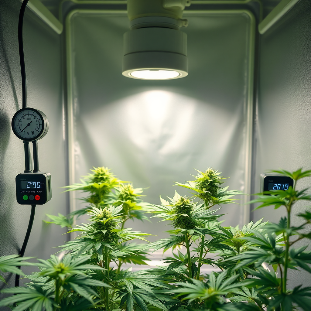 A brightly lit indoor cannabis grow operation with four thriving plants. Digital hygrometers and timers are visible. The focus is on the meticulous setup. The style leans toward a technical manual illustration, emphasizing precision and control. The color palette includes greens, whites, and blues to evoke a clean, scientific approach to cultivation.