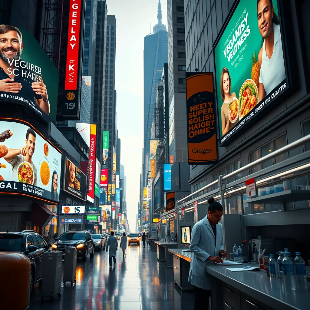 A bustling city scene with billboards and news screens showcasing various diet trends and celebrity endorsements of veganism, contrasting with a quiet research lab where scientists are diligently studying the science behind dietary guidelines.