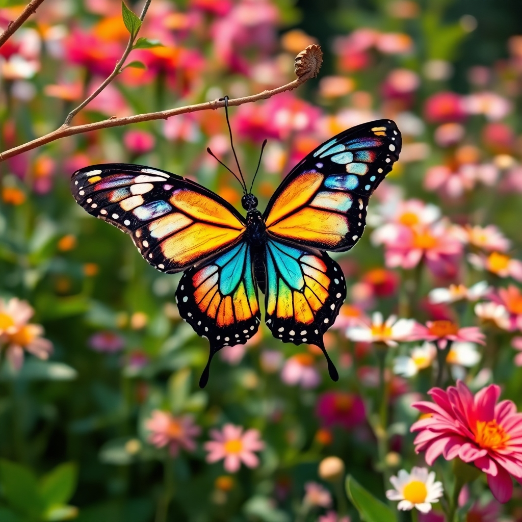 A butterfly emerging from its chrysalis. The butterfly's wings are vibrant and colorful, representing transformation and growth. The chrysalis symbolizes potential and hidden beauty. The background is a lush garden filled with blooming flowers, creating a sense of abundance and possibility. The overall feel is hopeful and inspiring, conveying a message of personal growth and positive change. 4K resolution, high quality.