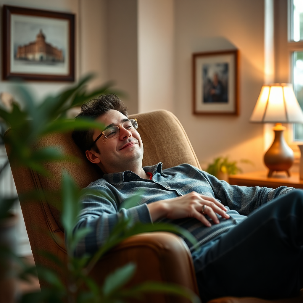 A calm scene of a person relaxing in a comfortable chair in a Norfolk home, with soft, ambient lighting. Focus is on the relaxed posture and peaceful expression. The scene suggests the relaxing effects of Indica cannabis. Style: Lifestyle, calming, interior. Technical specs: 4K resolution, high quality, natural lighting.