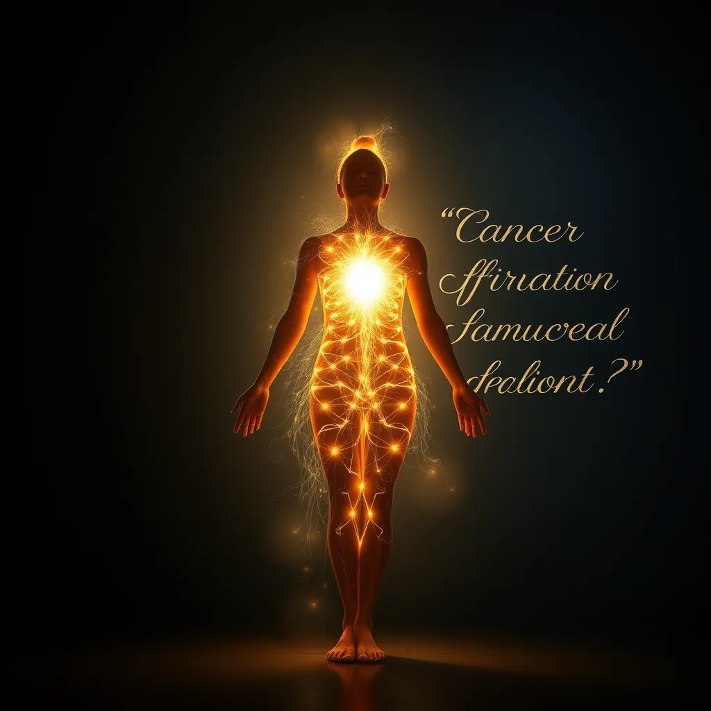 A captivating image showcasing a person in a serene pose, surrounded by a radiant light emanating from within their body. The light should symbolize the body's innate healing energy. In the background, a visual representation of the Cancer Affirmation, such as a flowing script or a symbolic design, could enhance the image's meaning and message.