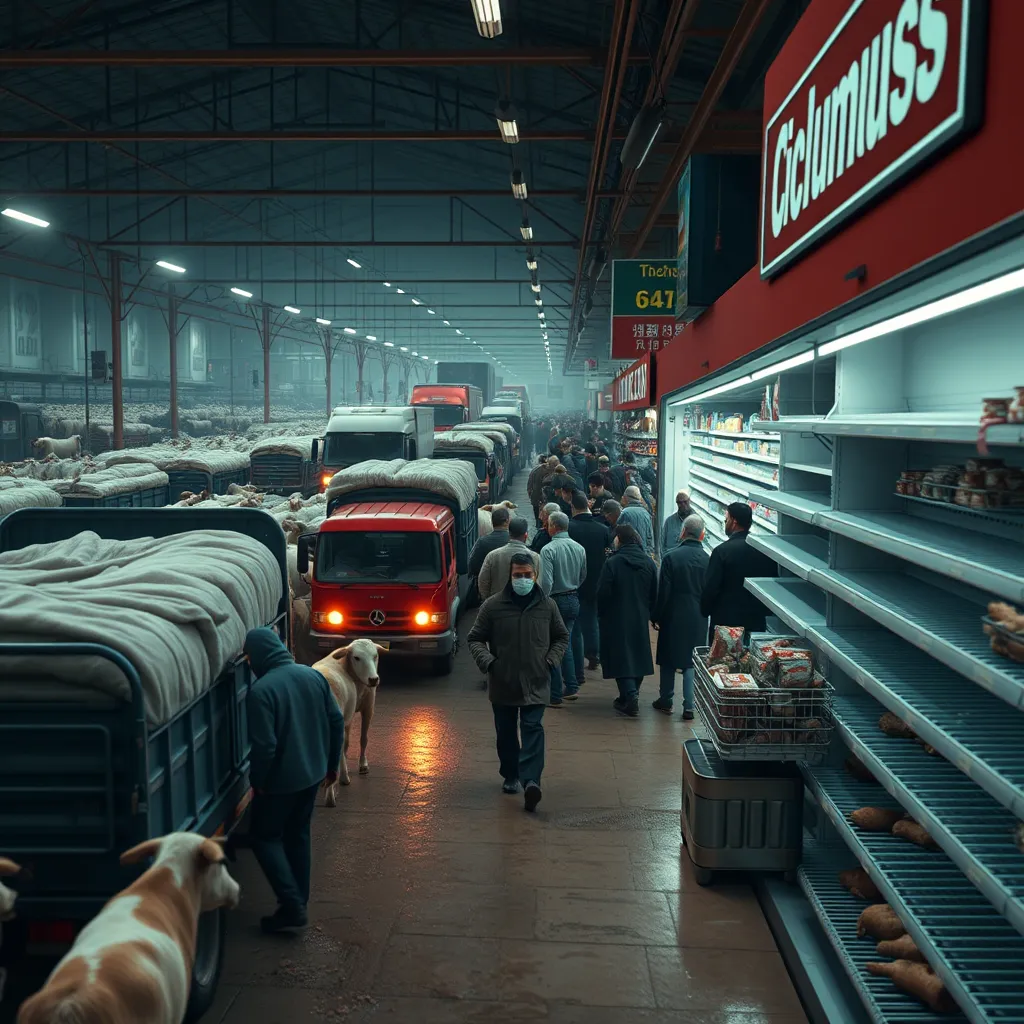 A chaotic scene depicting a crowded livestock farm with trucks transporting animals, lines of people waiting at a butcher shop, and empty shelves at a supermarket. The image should convey a sense of urgency and scarcity.