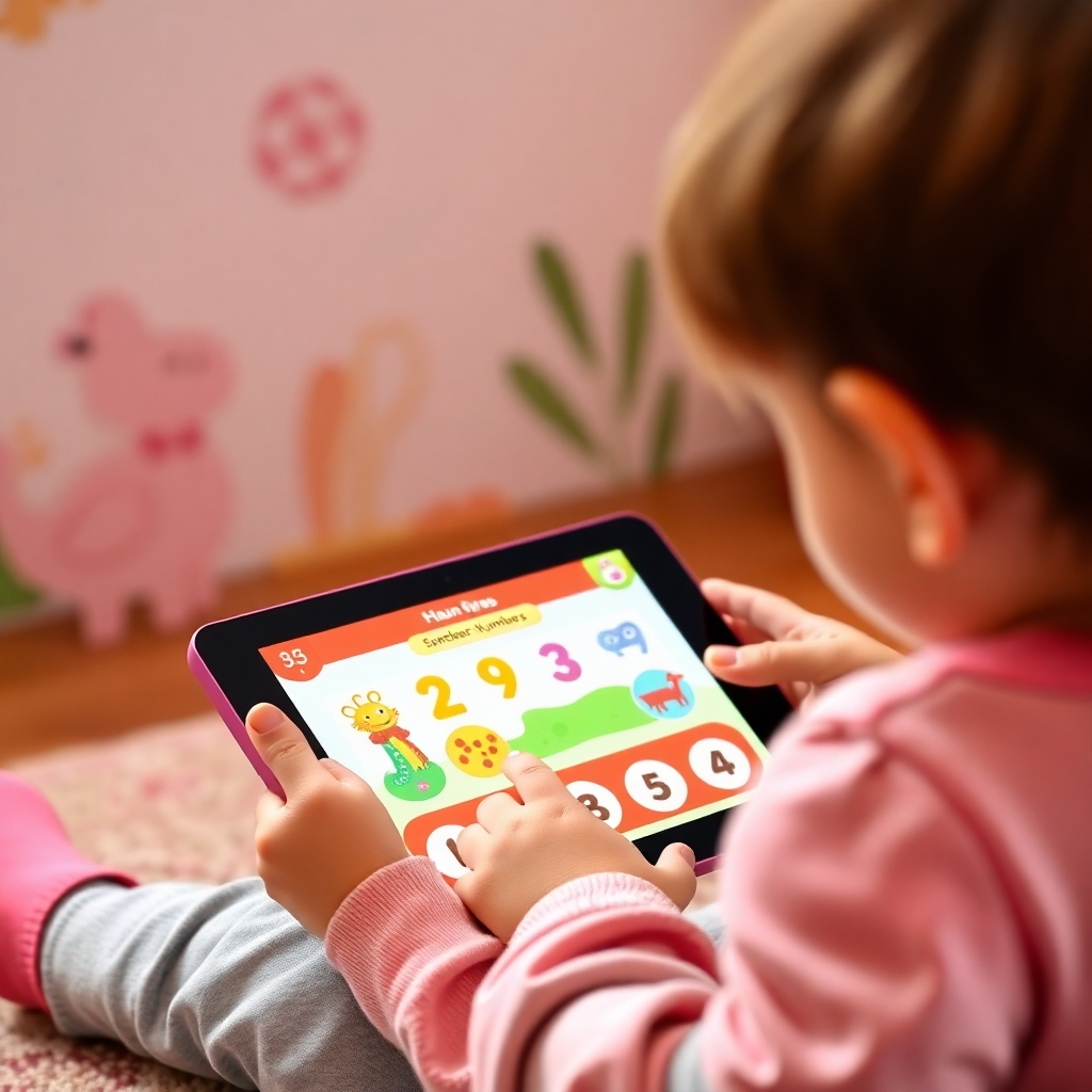 A child effortlessly using a tablet displaying interactive Spanish number games, surrounded by playful animation