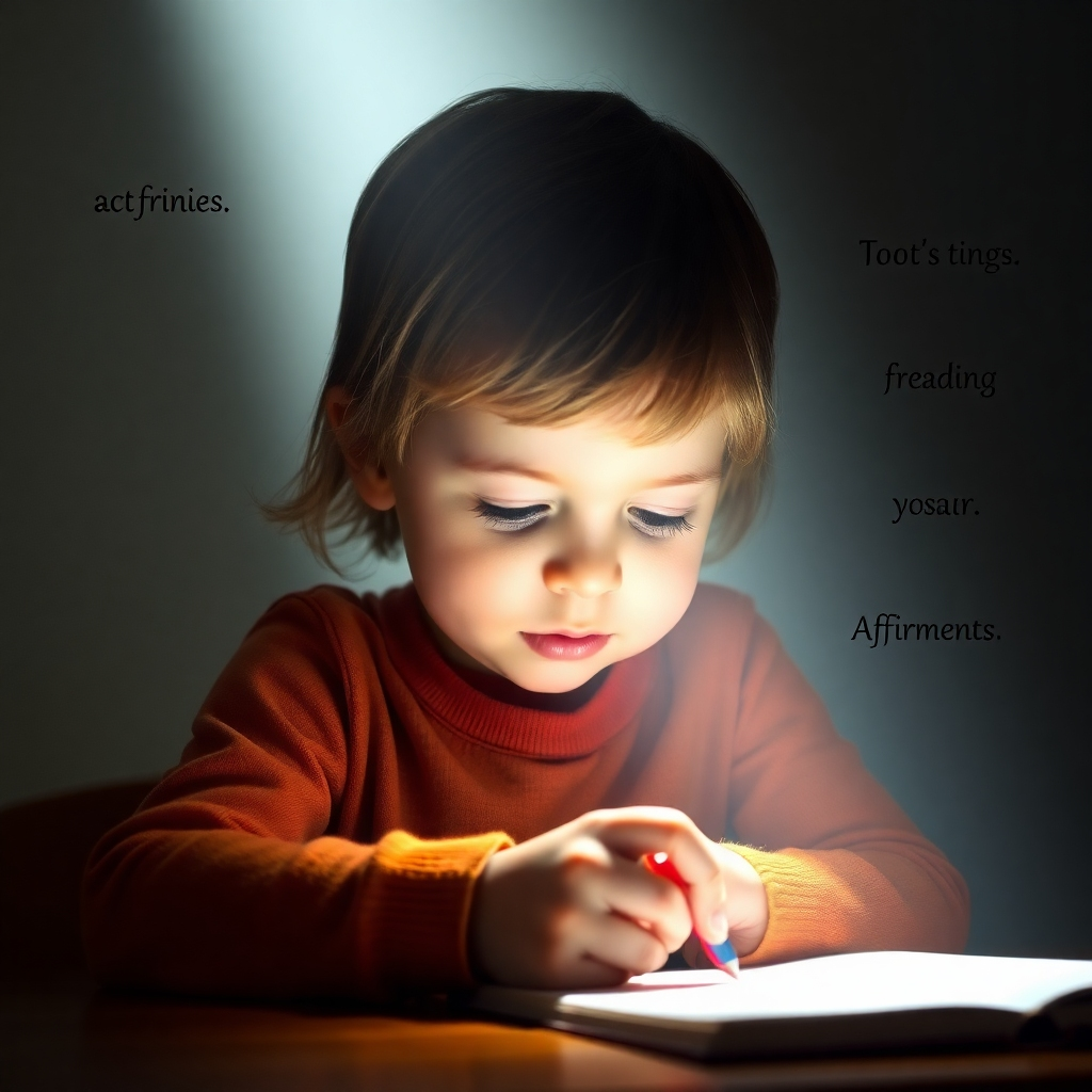 A child intently focused on a task, such as reading or drawing. A beam of light shines down on them, representing focus and concentration. Subtle affirmations float around them, reinforcing their determination.