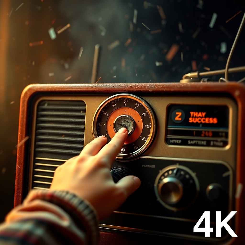 A child is depicted tuning a dial on a radio, which is emitting a strong, clear signal representing success. The surrounding environment is filled with static and noise, gradually clearing as the signal strengthens. Use vibrant colors and a dynamic composition in 4K.
