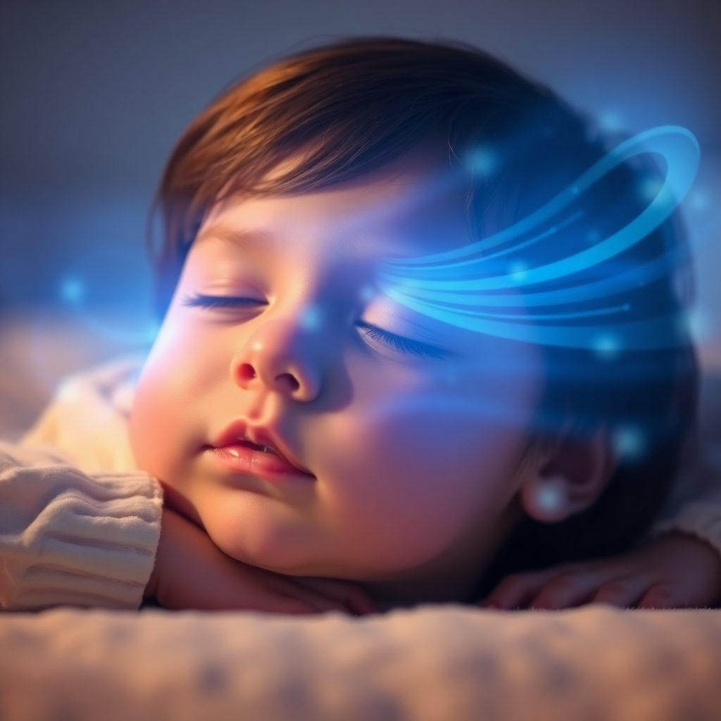 A child lying down, eyes closed, bathed in a calming blue light. Gentle sound waves visually represented as flowing energy envelop the child, dissolving away feelings of anxiety. The background is soft and blurred.