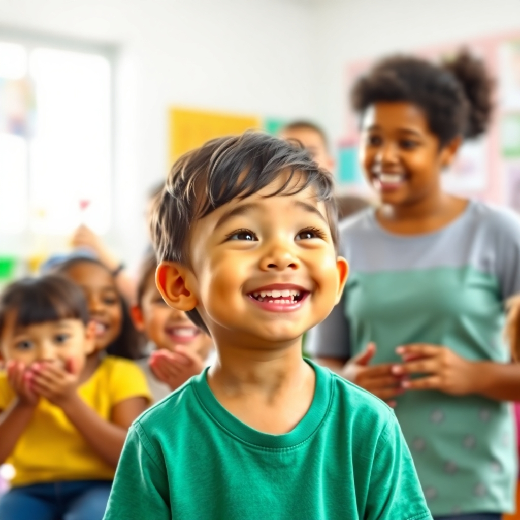 A child participating in a group affirmation session, led by a friendly instructor. The children are repeating positive statements with enthusiasm and joy. The background is a bright and cheerful learning environment. The style should be photorealistic with a focus on capturing the children's positive energy. Technical specs: 4K resolution, high quality.