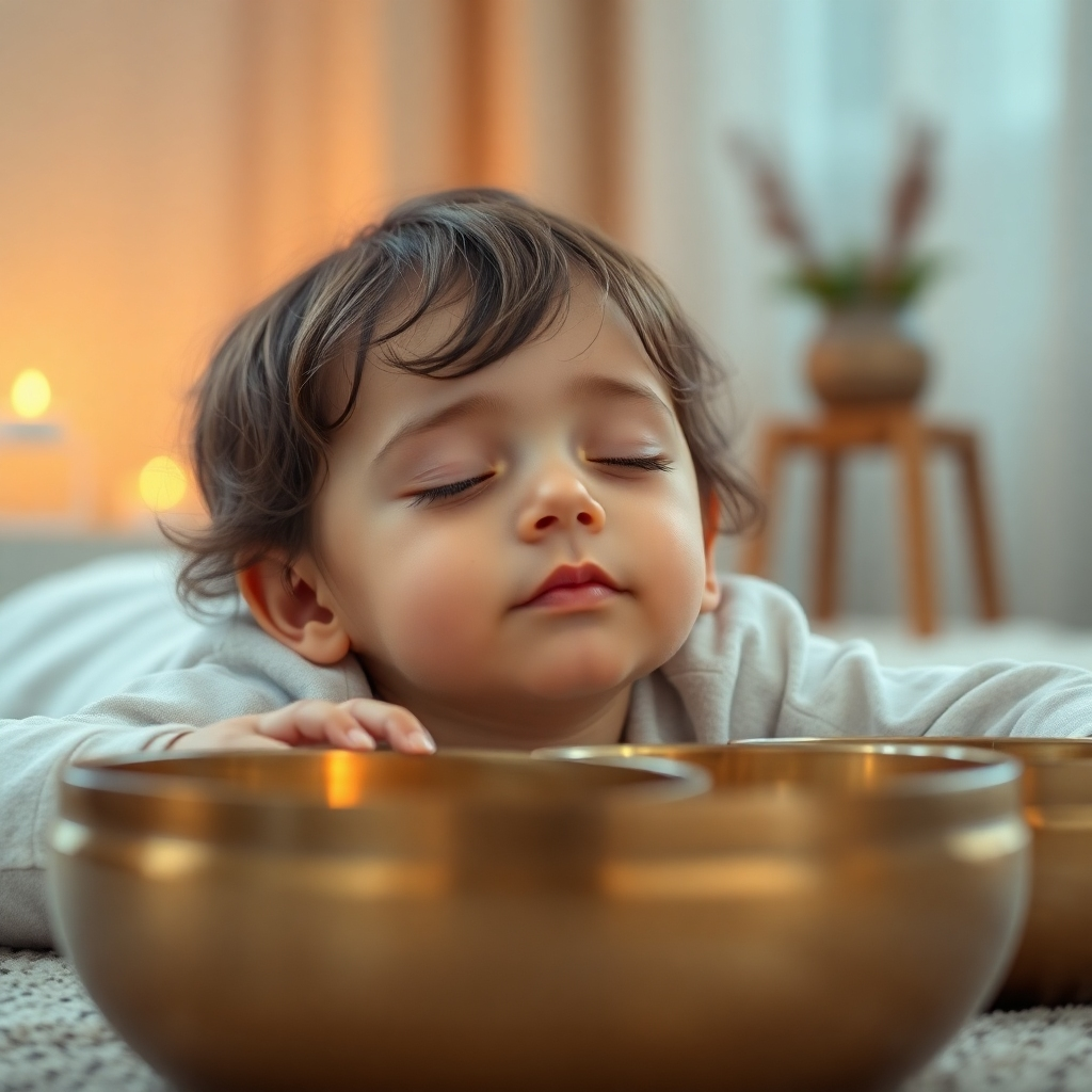 A child receiving individual sound healing therapy using singing bowls. The child is lying down comfortably with eyes closed, listening to the soothing sounds. The background is a calming and peaceful room with soft lighting. The style should be stylized and dreamlike, emphasizing the therapeutic effect of sound healing. Technical specs: 4K resolution, high quality.