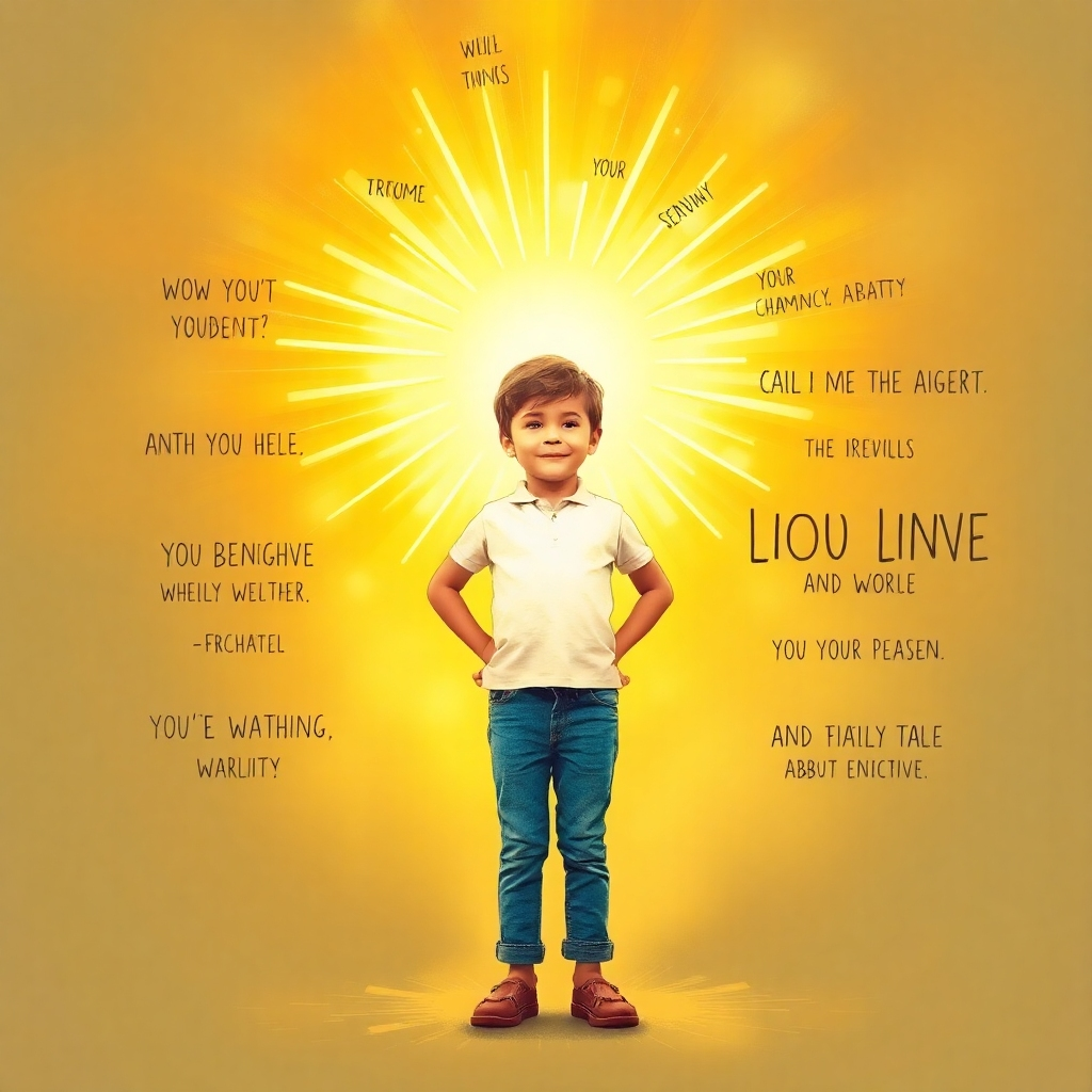 A child standing tall and confident, radiating a warm, golden light. They are surrounded by supportive words and images, symbolizing their inner strength and resilience.