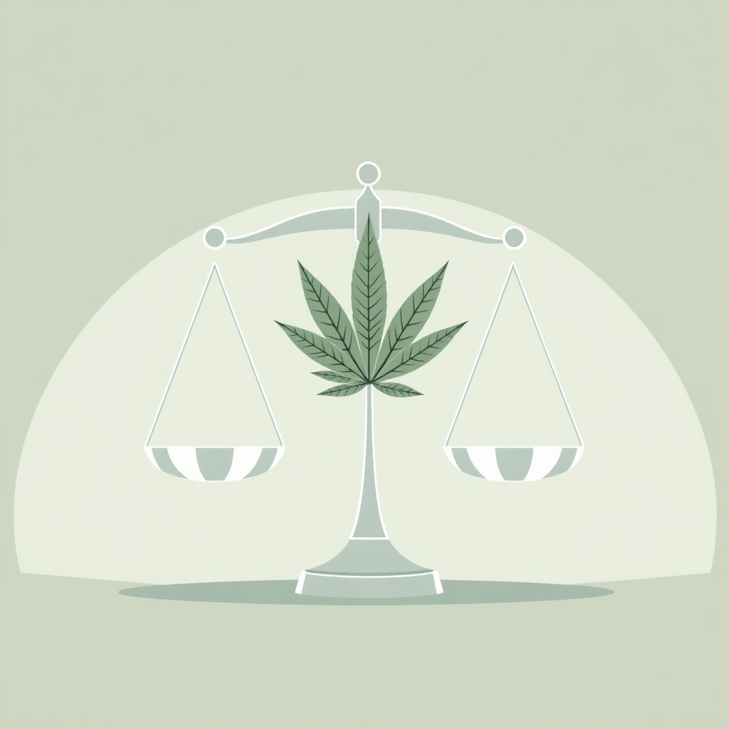 A clean and minimalist illustration depicting legal scales balanced with a cannabis leaf, symbolizing the balance between legal rights and cannabis usage. The color palette consists of muted greens, grays, and whites to convey a sense of neutrality and authority. The style is modern and informative, focusing on clarity and simplicity. Render in high resolution with sharp lines and clean details.