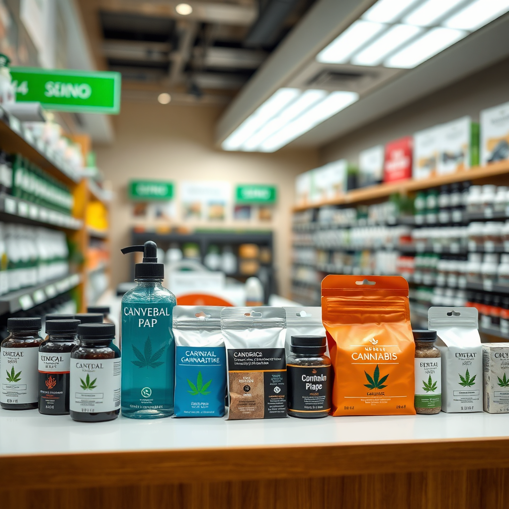 A clean and organized display of cannabis products in a Norfolk dispensary, highlighting key features such as labeling, packaging, and pricing. The lighting should be bright and even, ensuring clarity and visibility. Use a shallow depth of field to focus on the products, blurring the background slightly. The style is professional and informative, reflecting the importance of responsible shopping. Render in high resolution with realistic detail, emphasizing textures and colors.