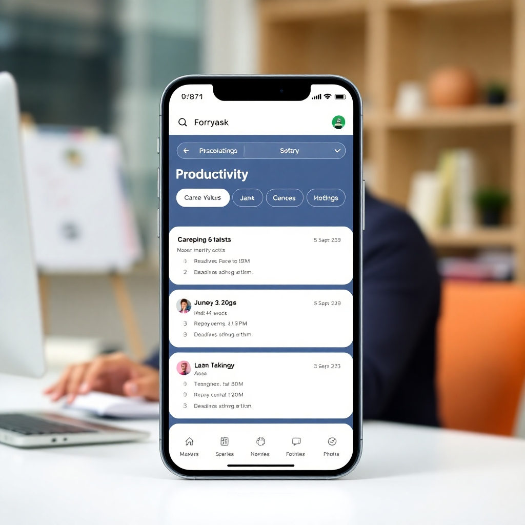 A clean, modern interface of a productivity app displaying a well-organized task list with clear deadlines and priorities. The app is visually appealing and easy to use, conveying a sense of efficiency and control. The background is a blurred image of a person working comfortably at their desk.