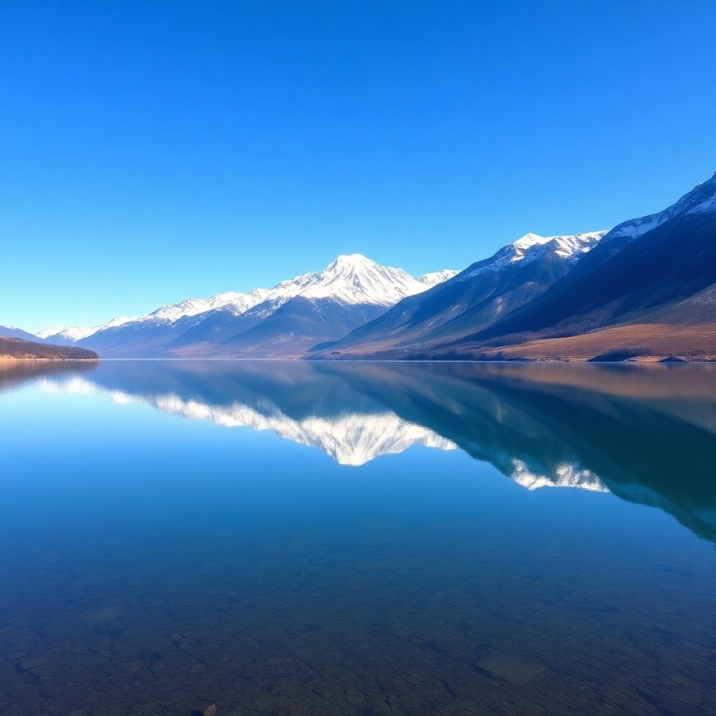 A clear, still lake reflecting a snow-capped mountain range. The sky is a clear blue. The scene evokes a sense of peace and clarity. Style: Serene and majestic. Technical specs: High-resolution, landscape photography.