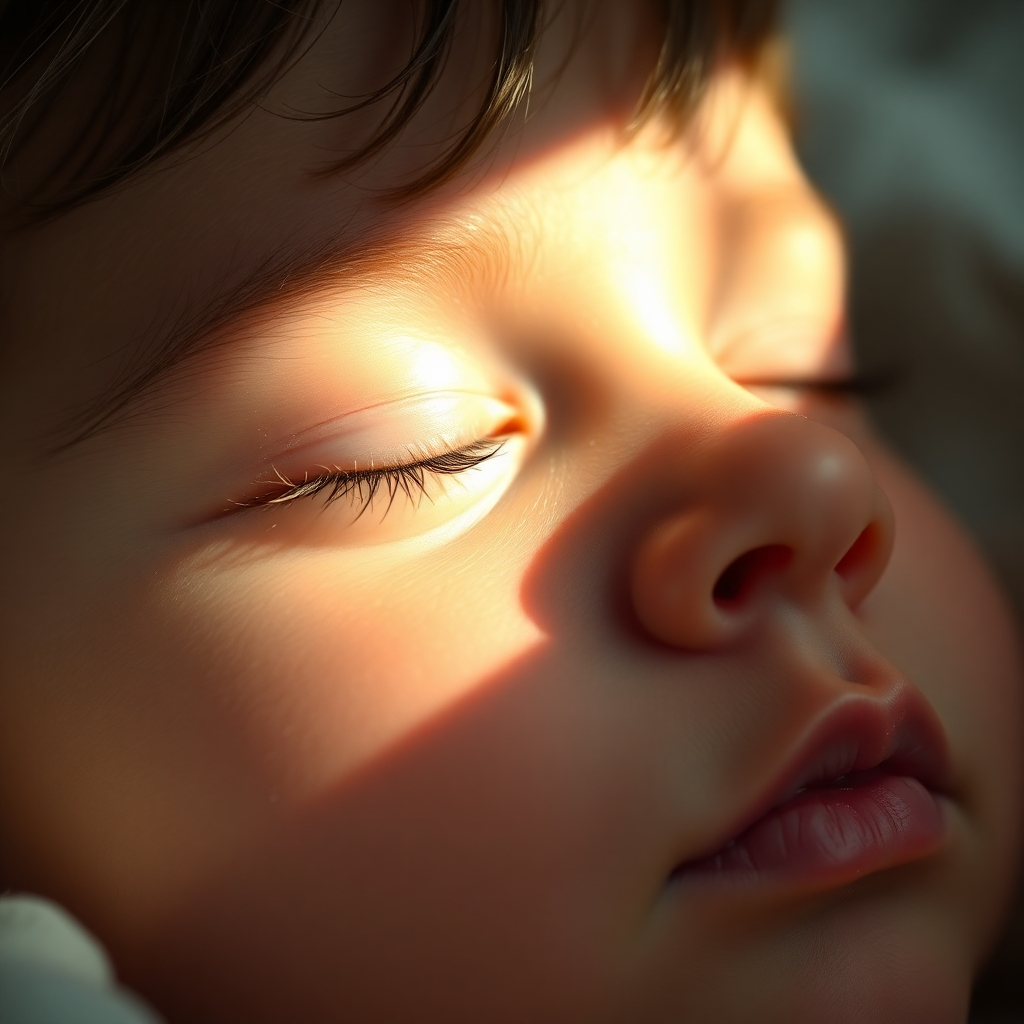 A close-up 4K photorealistic image of a child's face, peacefully sleeping.  Soft, glowing light reflects in their eyes, suggesting the subtle influence of the angelic affirmations.  The color palette is soft, with warm tones dominating. The texture of the child's skin and hair is evident. The overall impression is one of calm and gentle transformation.