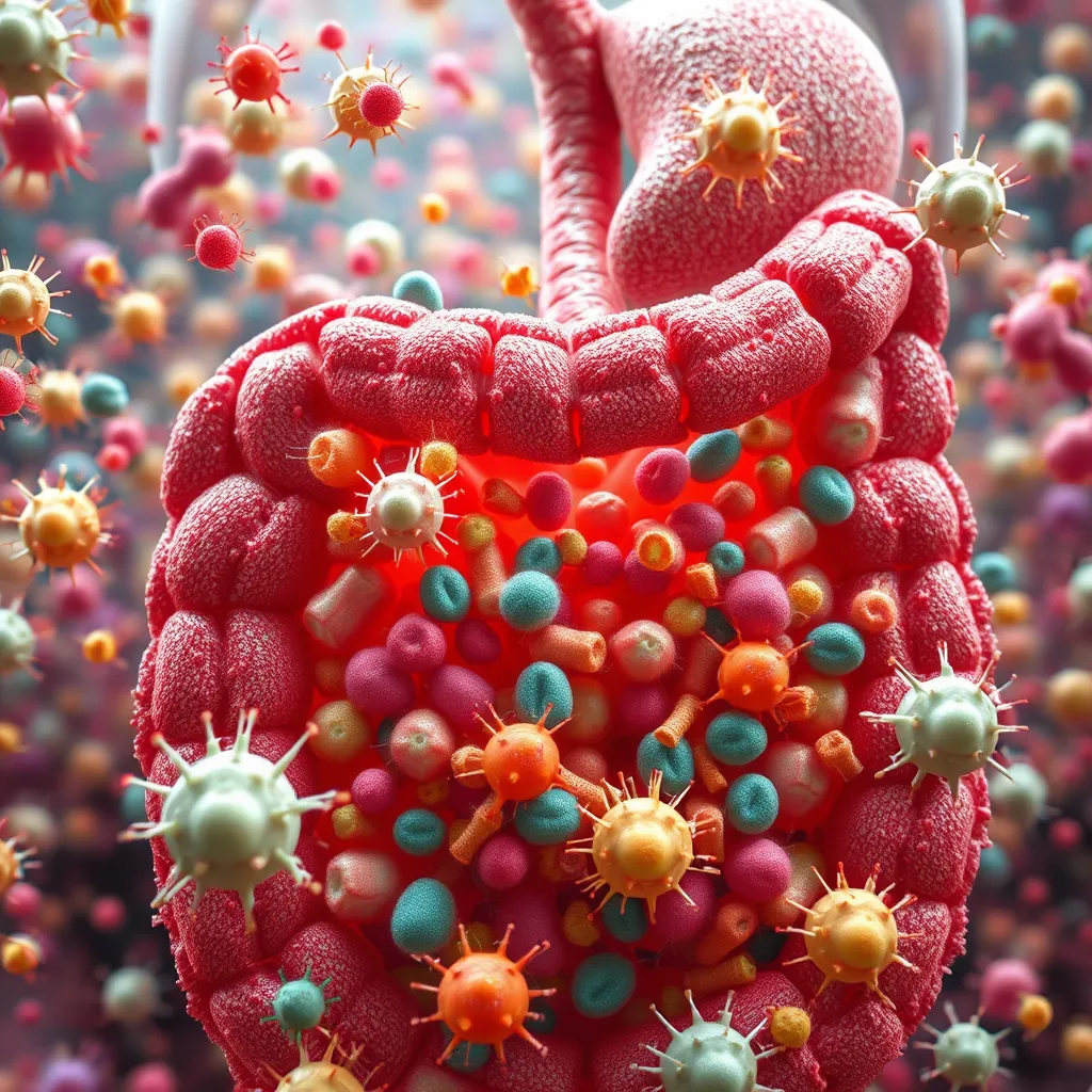 A close-up, colorful illustration of a human gut filled with various bacteria, some happy and flourishing, others struggling and dying, representing the disrupted ecosystem caused by excessive fiber intake. The background should depict a chaotic scene of fiber molecules swarming around the bacteria, making the overall image visually striking and impactful.