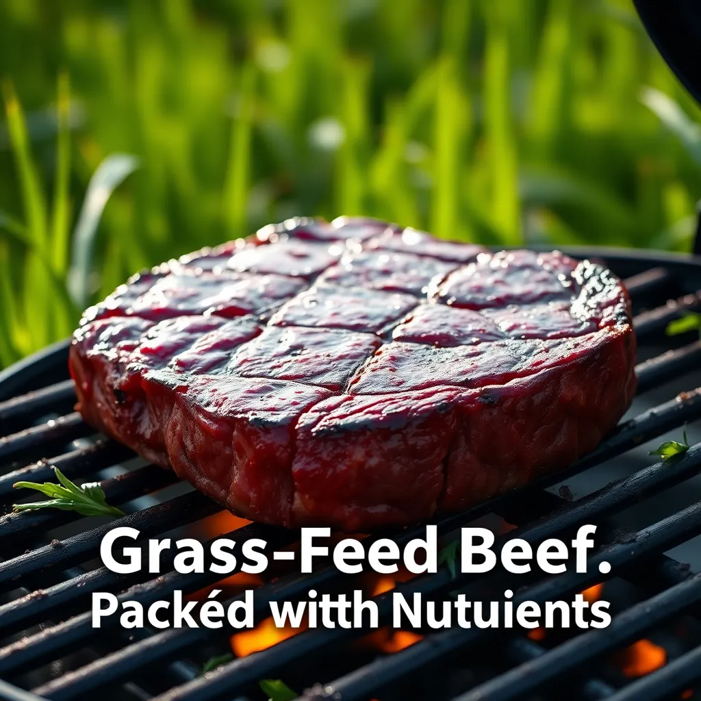 A close-up, detailed image of a juicy, red grass-fed beef steak sizzling on a grill, with vibrant green grass in the background, highlighting its natural, healthy origins.  Include text overlay: 'Grass-Fed Beef: Packed with Nutrients'