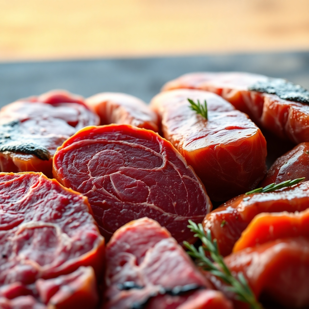 A close-up, highly detailed photorealistic image of a variety of red meat, poultry, and fish, showcasing their marbling, texture, and vibrant colors.  The background should be subtly blurred, with a soft, warm lighting to emphasize the natural quality of the food.  The image should evoke feelings of health and nutrition.