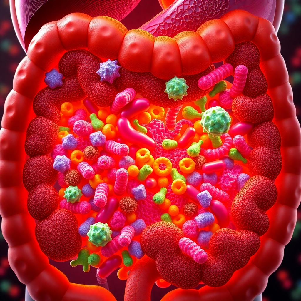 A close-up, vibrant illustration depicting a human gut filled with diverse bacteria, some healthy and vibrant, while others are mutated and sickly, symbolizing the disruption caused by GMOs. The background should have a subtle, glowing effect representing the gut's microbiome.