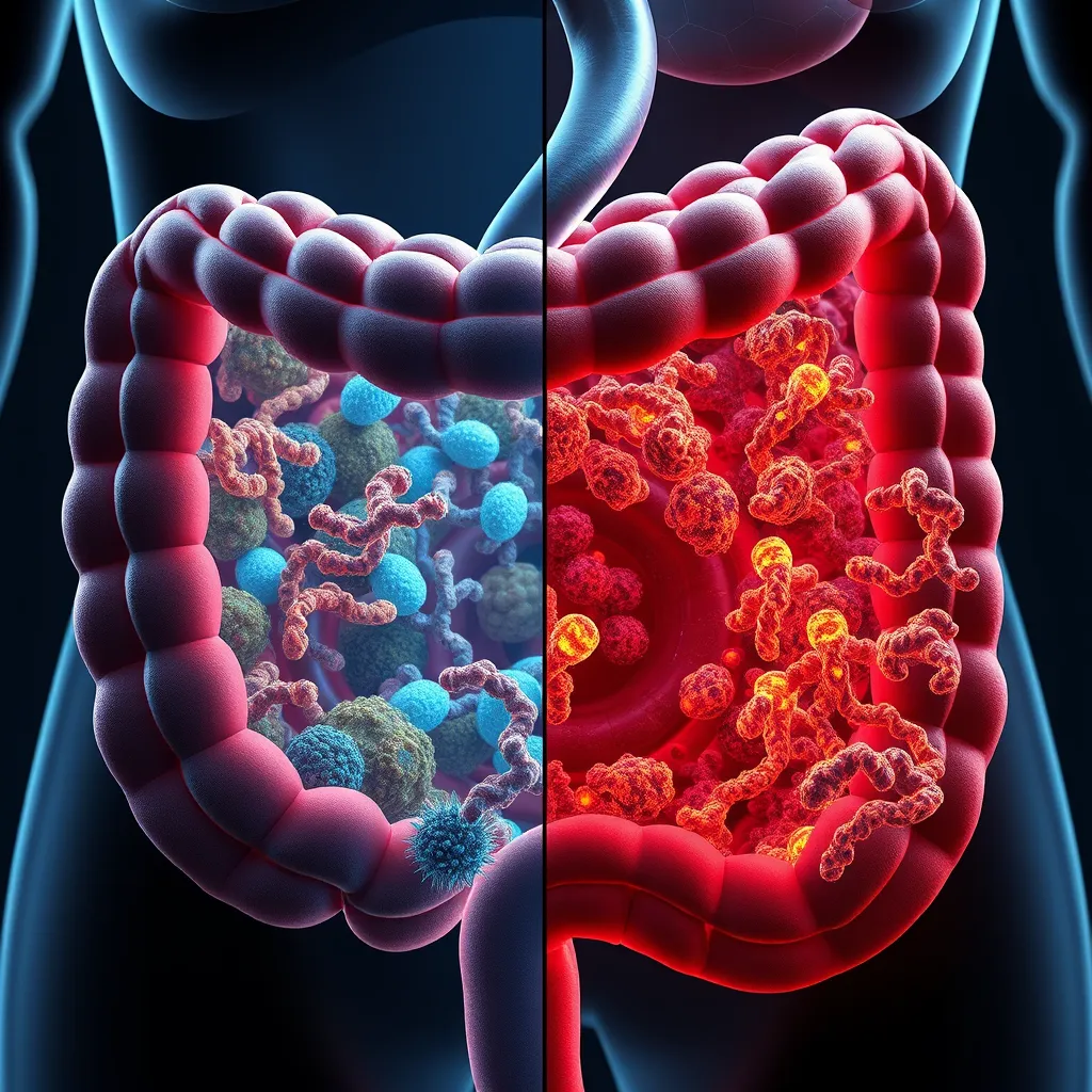 A close-up illustration of the human gut. Depict the difference between a healthy gut microbiome with diverse and vibrant bacteria and an imbalanced gut with limited bacterial diversity and inflammation.