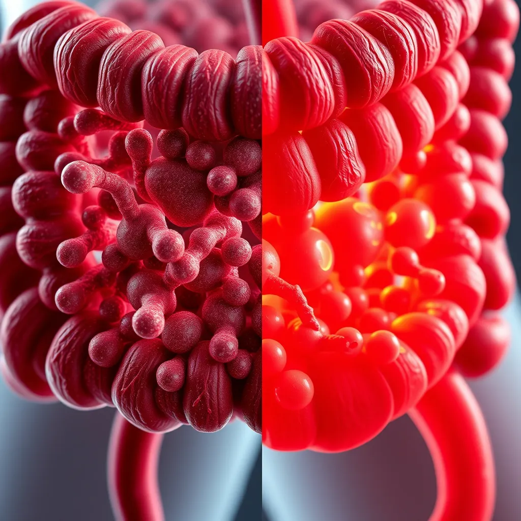 A close-up illustration of the human gut with diverse bacteria, showcasing the difference between a healthy balanced gut and a disrupted gut with unbalanced bacteria. The disrupted gut is shown in shades of red, symbolizing inflammation and imbalance.