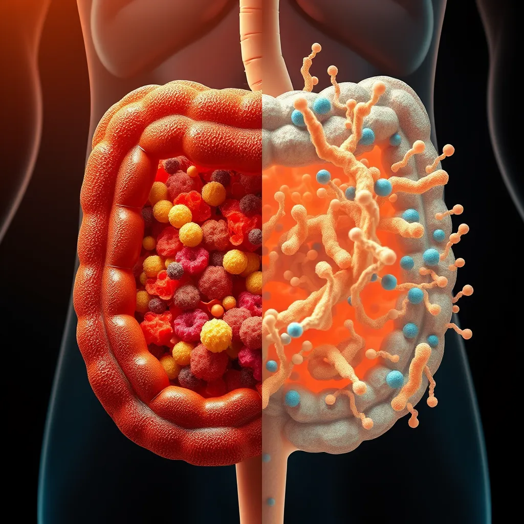 A close-up illustration of the human gut with diverse bacteria thriving within it. One side shows a vibrant and balanced ecosystem, while the other side depicts an overwhelmed, unbalanced microbiome with a focus on the negative effects of excessive fiber intake.