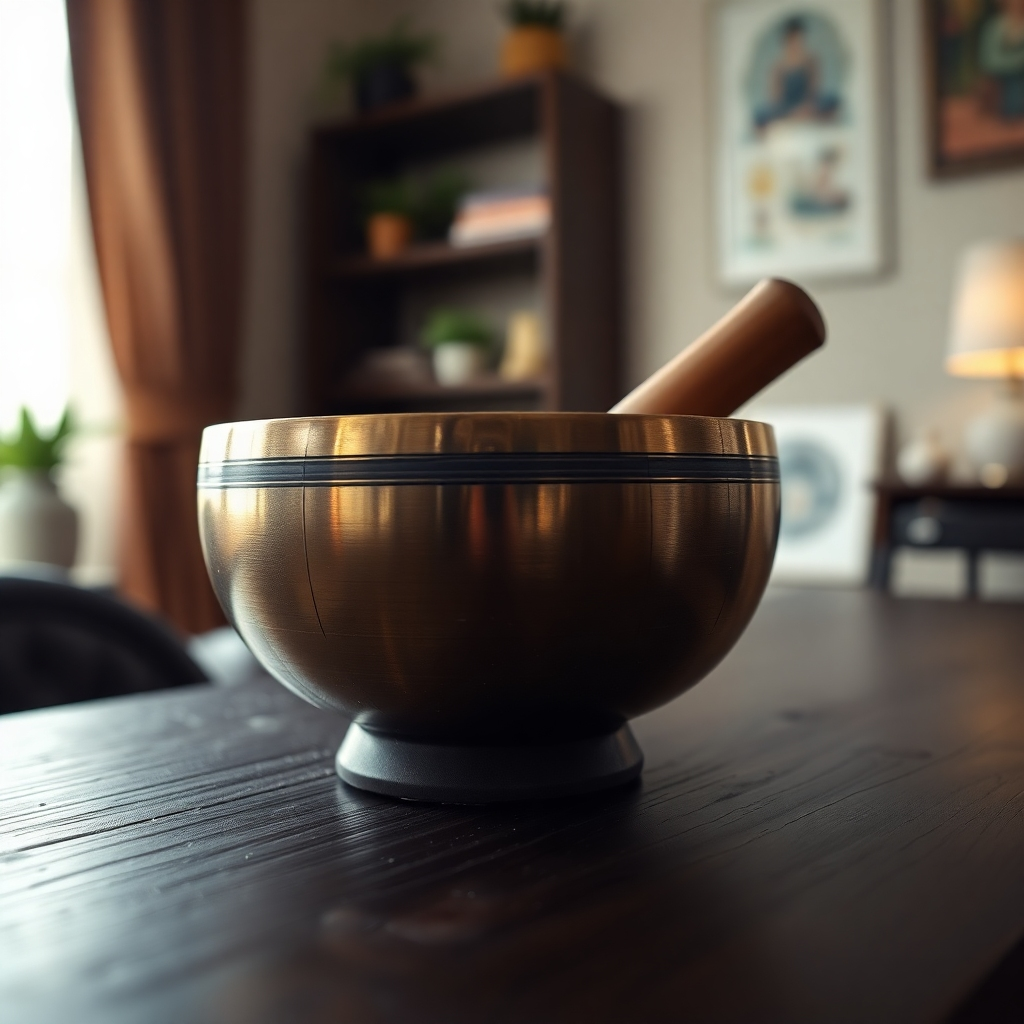 A close-up image focusing on a singing bowl being gently struck. The bowl rests on a dark wooden surface. The background is blurred, with subtle hints of a cozy home office. The image should capture the vibrations emanating from the bowl, creating a sense of calm and serenity. Use soft, warm lighting to highlight the details of the bowl and the surrounding textures. The style should be photorealistic, emphasizing the tactile quality of the object. Consider adding subtle visual representations of sound waves radiating outwards, using a light, ethereal color palette. The camera angle should be slightly low, looking up at the bowl to emphasize its power and presence. The composition should be minimalist, focusing on the bowl as the central element. This image should evoke feelings of relaxation, focus, and inner peace. Texture should be realistic, showing the texture of the metal and the wood.