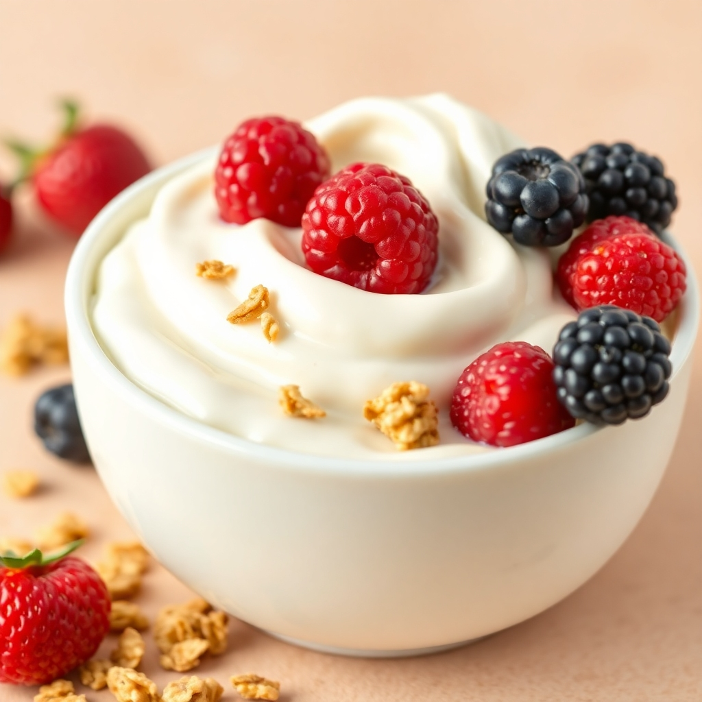 A close-up image of a bowl of creamy Mutaflor yogurt with fresh berries and granola, showcasing its texture and potential for digestive health. The background should be a soft, warm color like a light beige, highlighting the yogurt's natural appearance. The lighting should be natural and soft, emphasizing the texture and richness of the yogurt. The overall image should evoke a sense of natural wellness and healthy eating.