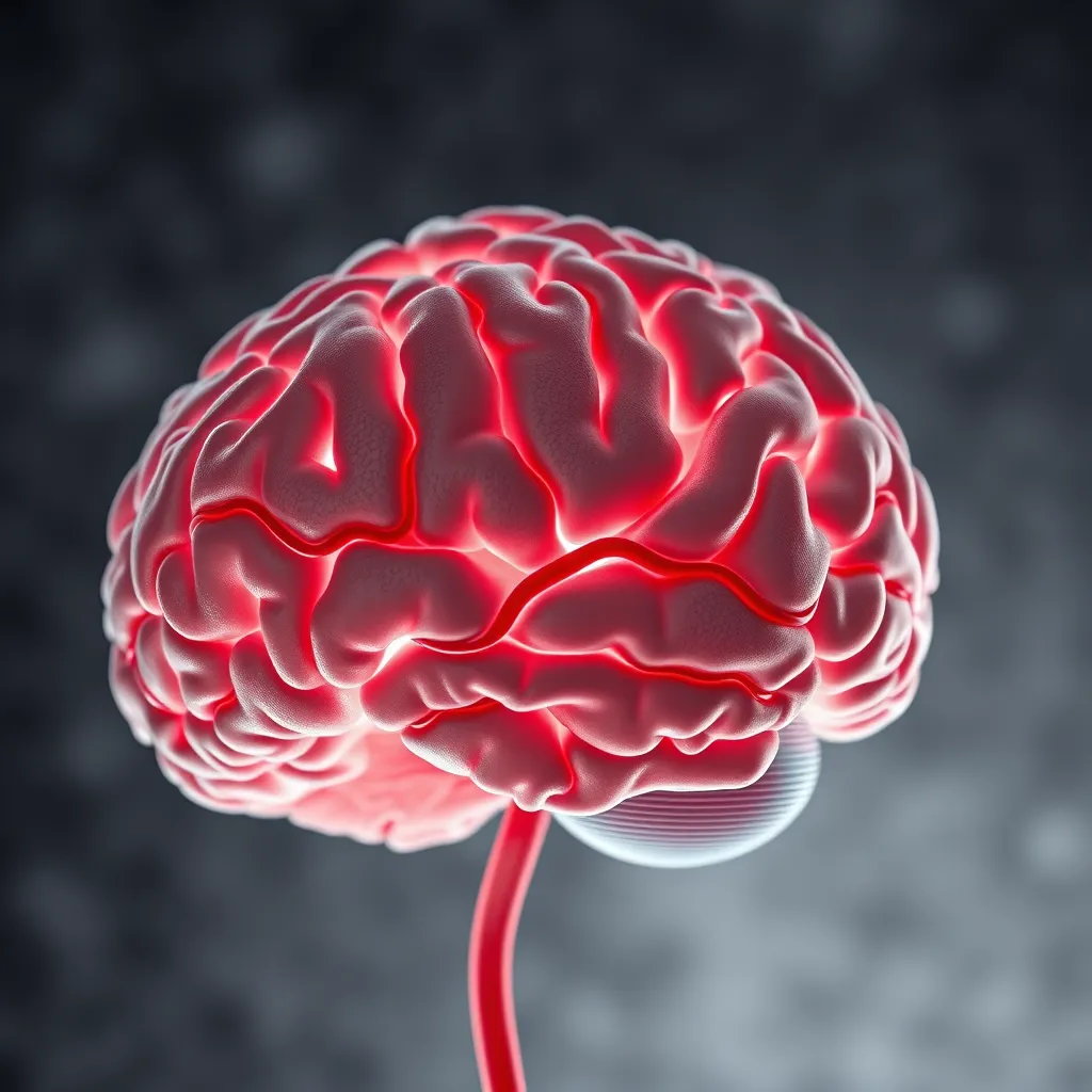 A close-up image of a brain with blood vessels visibly carrying red blood cells, emphasizing the role of iron in oxygen transport. The background should have a faded, grayed-out effect to symbolize cognitive impairment and fatigue.