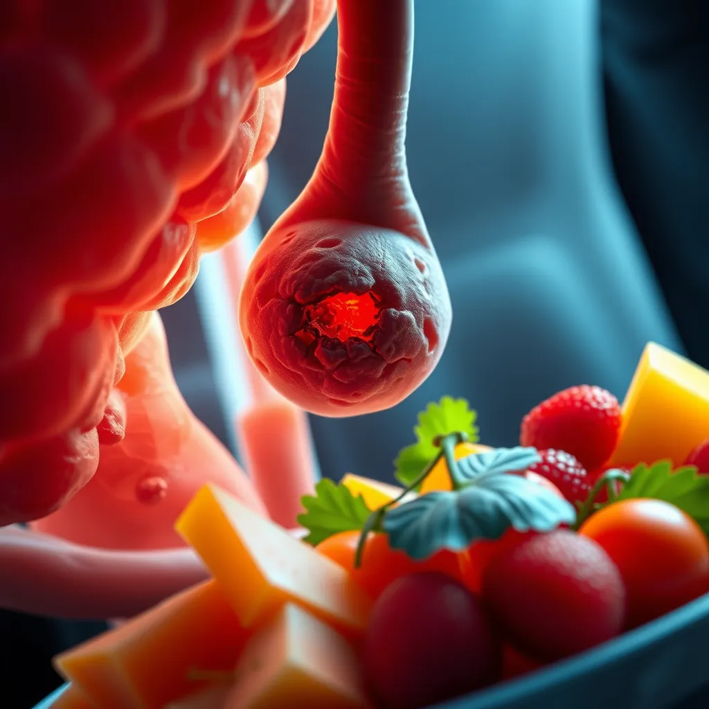 A close-up image of a cancerous tumor growing within a human organ, juxtaposed with a plate of brightly colored fruits and vegetables, highlighting the potential link between plant-based diets and cancer development.