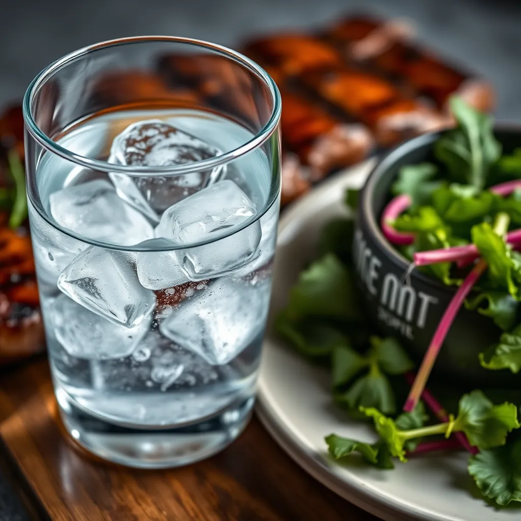 A close-up image of a glass of water with ice and a few drops of magnesium citrate liquid, next to a plate of grilled steak and a bowl of leafy green salad. The image should depict the concept of electrolytes and hydration in a visually appealing way.