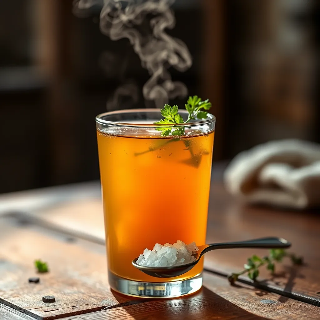 A close-up image of a glass of clear bone broth with steam rising, showcasing a vibrant, golden hue. The broth is adorned with fresh herbs like parsley and thyme, and a small spoon with a pinch of Himalayan salt is resting on the rim of the glass. The background should be a rustic wooden table with a blurred natural light setting, creating a warm and inviting atmosphere. 