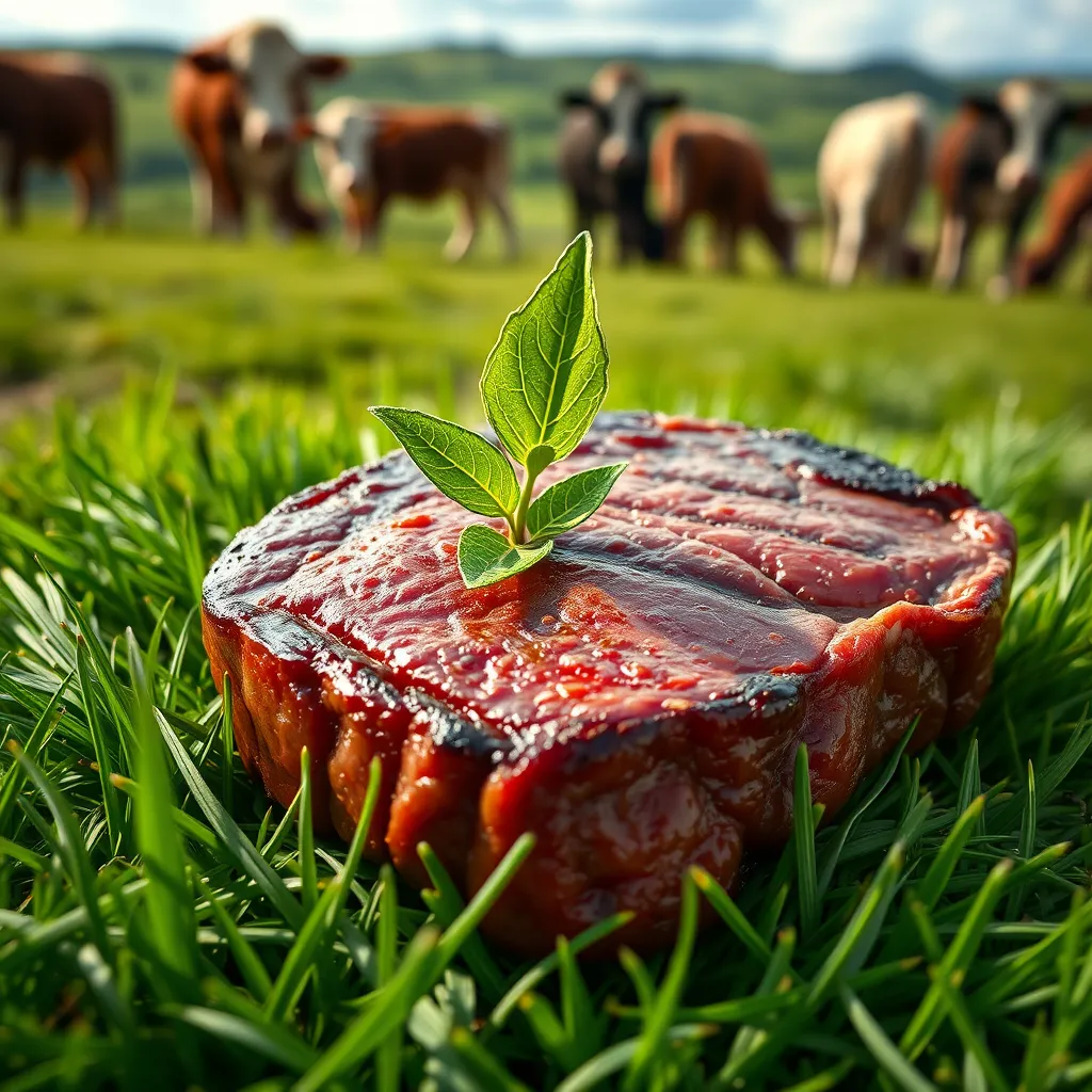 A close-up image of a grass-fed beef steak resting on a bed of vibrant green grass. The steak should be seared to perfection, revealing its succulent texture. Position a single, fresh green leaf directly on the steak, representing the rich source of vitamin E. The background should showcase a scenic pasture with grazing cows, emphasizing the natural origins of the beef.