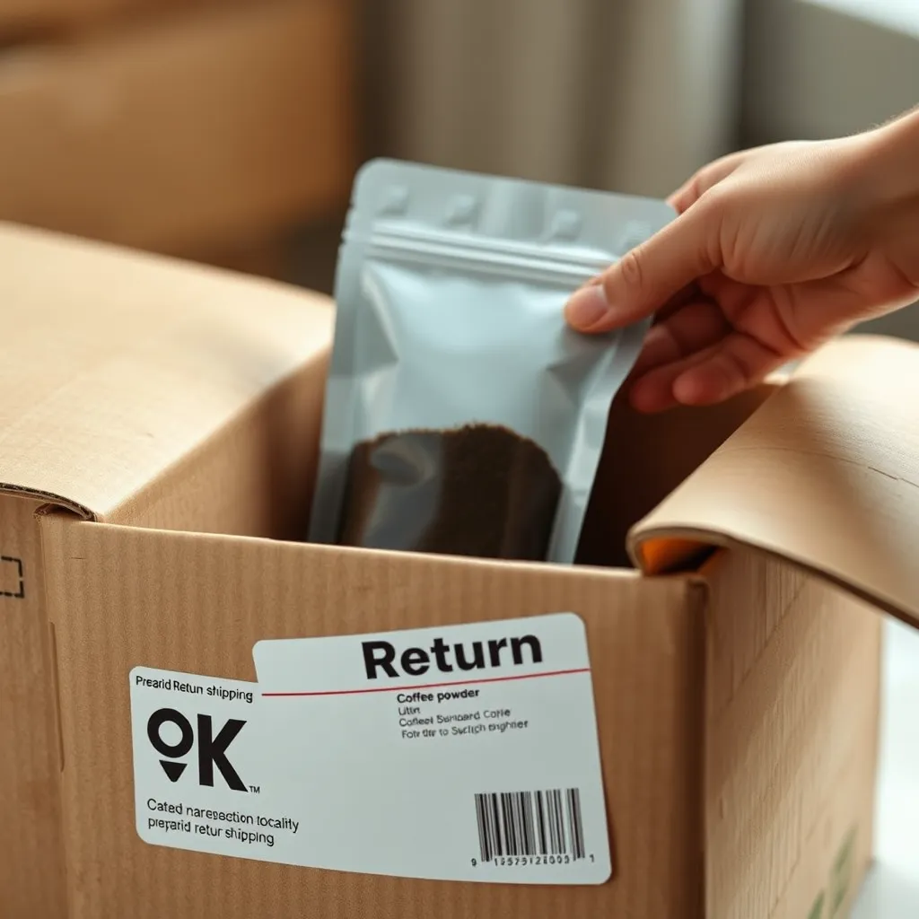 A close-up image of a hand placing a sealed pouch of coffee powder into a shipping box. The box is labeled with a 'Return' sticker and a prepaid return shipping label. The image should have a clean and organized aesthetic.
