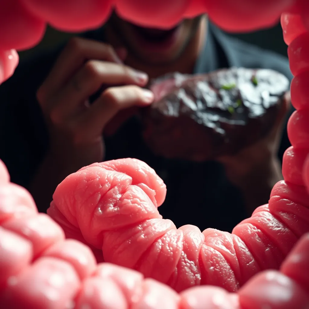 A close-up image of a healthy, pink and smooth-textured intestinal lining with intricate details. In the background, a silhouette of a person consuming a juicy steak should be visible, signifying the beneficial impact of a carnivore diet on gut health.