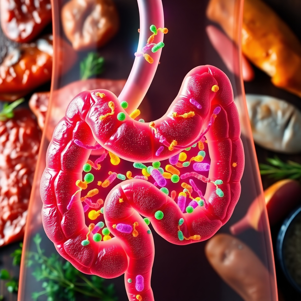 A close-up image of a healthy, vibrant human gut with colorful, diverse bacteria thriving within it. The gut is depicted as a long, winding tube with a bright, healthy glow emanating from it. The background could be a stylized representation of the Carnivore Diet, featuring various types of meat, such as steak, chicken, and fish, arranged in a visually appealing manner.